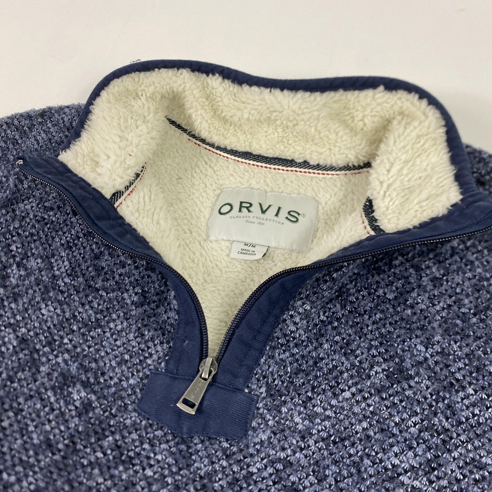 Orvis Sweater Mens Medium Blue Sherpa Fleece Lined Quarter Zip Mock Neck Knit